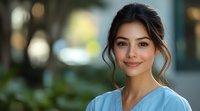 Young female medical professional in light blue scrubs smiling warmly at camera with soft bokeh background, natural makeup and elegant updo hairstyle with loose strands.