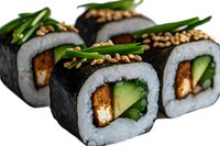Fresh sushi rolls with crispy tempura, avocado, cucumber and green onion topped with sesame seeds on white background, close up view for menu and food delivery.