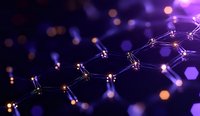 Glowing molecular structure with connected nodes on dark purple background, illuminated by bokeh lights creating scientific atmosphere for research presentations.