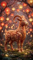 Golden ornate ram sculpture with intricate patterns under blooming cherry tree with glowing red lanterns for lunar new year celebration and festival decor.