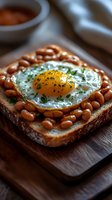Sunny side up egg on toast with baked beans garnished with herbs, served on wooden board. Close up view of hearty breakfast with golden yolk and rustic presentation.