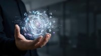 Businessman holding glowing digital sphere with technology icons and circuit patterns, representing innovation, data processing, and futuristic business solutions for corporate presentations.