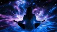 Woman in meditation pose silhouetted against cosmic nebula background with swirling purple and blue galaxy clouds, representing spiritual awakening and mindfulness practice.