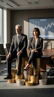 Professional business executives sitting on stacks of golden coins in modern boardroom with financial charts displayed on screen behind them.