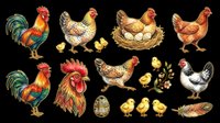 Rooster, hen, and chick illustrations isolated on transparent background. Ready for t-shirt design, clipart, stickers, print-on-demand products, and sublimation projects.