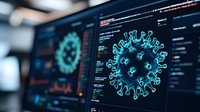 Digital visualization of coronavirus cell structure on computer monitor with programming code interface and data analytics dashboard in research laboratory setting.