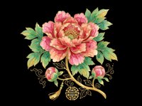 Vibrant pink peony with lush green foliage and ornamental gold branches, isolated on transparent background. Ready for t-shirts, stickers, clipart, sublimation and print-on-demand designs.