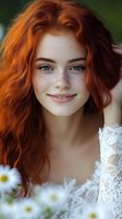 Young redhead woman with freckles and blue eyes smiling outdoors in white lace dress, natural beauty portrait for lifestyle and fashion content.