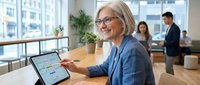 Smiling senior businesswoman with glasses working on tablet in modern office with colleagues in background.