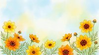 Watercolor cosmos flowers border with yellow and orange blooms on soft pastel background for spring and summer designs.