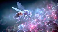 Glowing honeybee with translucent wings flying near illuminated hexagonal molecular structure against dark background with pink and blue light effects.