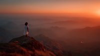 Woman in white dress standing on mountain peak during golden hour sunset with layered hills creating dramatic landscape silhouette for meditation and wellness content.