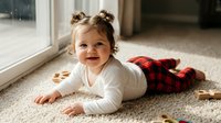 Happy toddler girl with pigtails lying on carpet in cozy home interior wearing white top and red plaid pants smiling at camera for family lifestyle content.