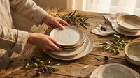 Person arranging white ceramic plates on wooden table with fresh rosemary sprigs and olives for elegant dining setup or catering event.