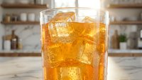 Refreshing glass of iced tea with golden liquid and ice cubes on a marble countertop in a bright modern kitchen.