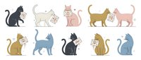 Colorful cat silhouettes holding envelopes and letters in various poses, perfect for communication, mail delivery, and messaging design projects.