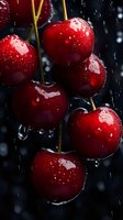 Fresh ripe cherries with water drops on dark background, macro shot showing juicy red fruit in rain splash for food photography and healthy eating concept.