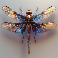 Futuristic mechanical dragonfly with iridescent wings and metallic body design perfect for technology, robotics, or science fiction projects. Detailed 3D artwork on neutral background.