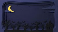 Nighttime landscape with crescent moon, silhouetted palm trees, pine trees, bats flying, and layered paper cut style design for Halloween decorations and seasonal projects.