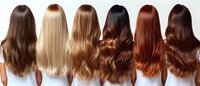 Different shades of long wavy and straight hair from brunette to blonde and red shown from behind on white background, demonstrating hair color variety.