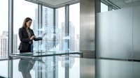 Professional businesswoman using tablet in modern office with city skyline view through floor-to-ceiling windows for corporate presentations.