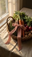 Rustic wicker basket filled with fresh organic vegetables, herbs and nuts tied with brown ribbon on wooden table near sunny window for harvest cooking.