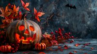 Glowing Halloween jack o lantern pumpkin with autumn leaves, red berries and small decorative pumpkins on dark moody background with flying bats, perfect for seasonal holiday designs.