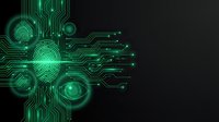 Digital fingerprint security technology with glowing green circuit board patterns on dark background for cybersecurity and biometric authentication concepts.