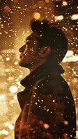 Side profile silhouette of young Asian man in coat against golden bokeh background with falling snow and glowing particles creating magical winter atmosphere.