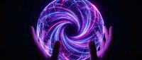 Hands holding glowing purple energy spiral with neon light effects on dark background for futuristic technology and digital innovation concepts.