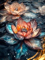 Glowing crystal lotus flowers floating on dark water with sparkling light reflections creating magical zen atmosphere for meditation and spiritual wellness designs.