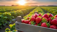Fresh ripe strawberries in wooden crate at sunset farm field. Organic berry harvest agriculture concept for healthy eating and natural food production.