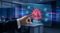 Businessman hand touching digital risk alert warning interface with checkmarks in modern office environment for cybersecurity and business management.