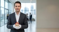 Professional Caucasian businessman in dark suit holding miniature house model in modern office lobby for real estate investment concept.
