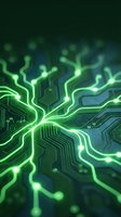 Glowing green circuit board with neon light trails and electronic pathways, macro tech background for cybersecurity and digital innovation concepts.
