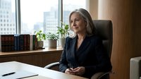 Mature woman with gray hair and Caucasian ethnicity, wearing professional black blazer, seated at modern office desk with cityscape view through floor-to-ceiling windows, potted plant and documents visible, suitable for corporate, business leadership, executive portraits.