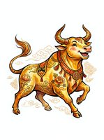 Golden ox with ornate decorative saddle and floral patterns, isolated on white background. Suitable for lunar new year designs, clipart, textiles, and festive merchandise applications.