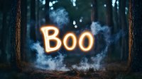 Glowing orange neon Boo text floating in misty dark forest at night, creating spooky Halloween atmosphere with pine trees and fog in background.