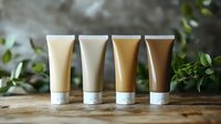 Cosmetic tubes with different shades of foundation or bb cream arranged in gradient order from light to dark on wooden surface with green foliage background.