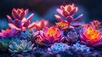 Glowing pink lotus flowers with vibrant petals illuminated against dark background, creating magical garden atmosphere with neon-like ethereal effect.