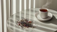 Steaming cup of tea with scattered loose tea leaves on white table, dramatic window light casting striped shadows creates minimalist composition.