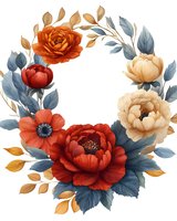 Elegant floral wreath with red peonies, orange roses and cream flowers adorned with dusty blue leaves and golden foliage on white background. Suitable for wedding design.
