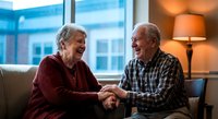 Happy senior couple holding hands and laughing together on couch in cozy living room with warm lighting. Elderly man and woman enjoying quality time at home.