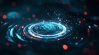 Glowing spiral energy vortex with blue light trails and red bokeh particles on dark background creates futuristic sci-fi atmosphere. For tech concepts.