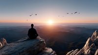 Person sitting on mountain peak watching sunrise over valley with birds flying in peaceful meditation moment for mindfulness and spiritual wellness concepts.