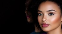 Young African American woman with natural afro hair and glowing makeup against dark background, showcasing professional beauty and cosmetics artistry.