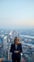 Professional woman in business attire standing against urban skyline at dusk, wearing navy blazer and glasses, overlooking illuminated cityscape with river for corporate and leadership concepts.