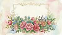 Vintage floral arrangement with pink roses, ranunculus, and eucalyptus leaves framed by ornate gold scrollwork on aged cream background for wedding invitations and greeting cards.