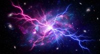 Electric lightning bolts clash in deep space creating spectacular energy discharge against cosmic nebula background with stars and galaxies.
