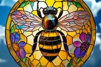 Stained glass artwork featuring honey bee with detailed wings surrounded by colorful flowers in circular design against blue sky background. Decorative mosaic style.
